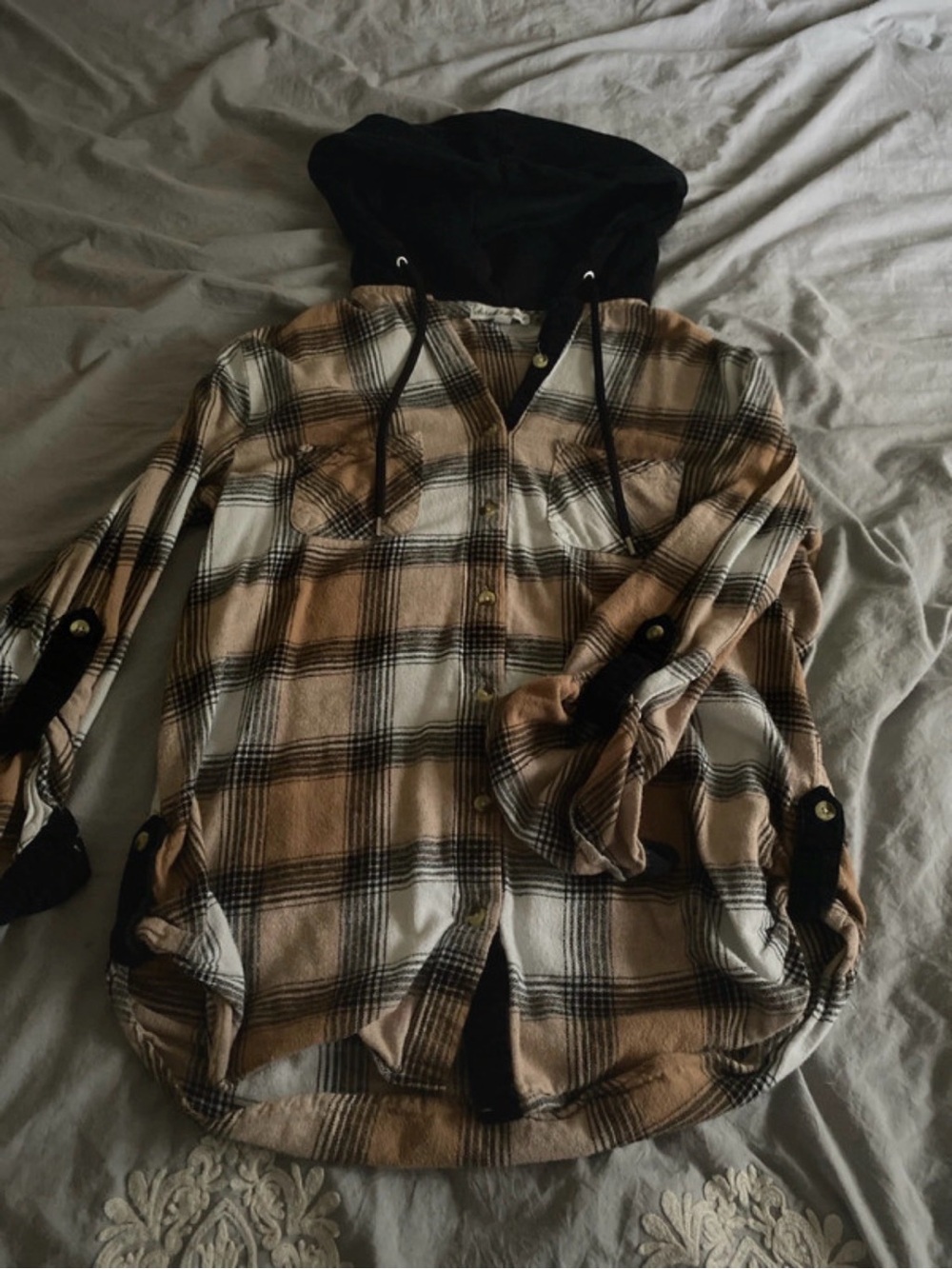 Derek Heart Plaid Hooded Shirt Jacket - Tan, Black, White